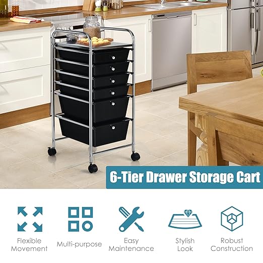 6-Drawer Rolling Storage Cart, Multifunctional Storage Organizer Cart with Wheels, Mobile Utility Cart for Home Office Garage Tools (Black)
