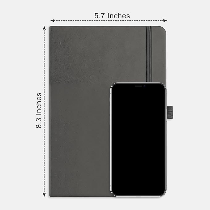 RETTACY Lined Journal Notebook, 192 Numbered Pages, A5 Medium Size (5.7'' x 8.3''), for Men & Women, Journaling, Writing, Work & Office, Leather Hardcover, 100 GSM Thick Paper (Gray)