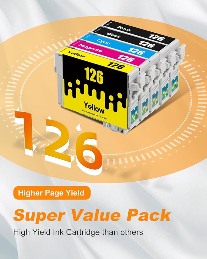 126 Ink Cartridges Remanufactured Replacement for Epson 126 Ink Cartridges for Epson 126 T126 Ink use for Epson Workforce WF-3520 WF-3540 WF-7010 435 545 645 845 60 Stylus NX430 (10 Pack,126 Ink)