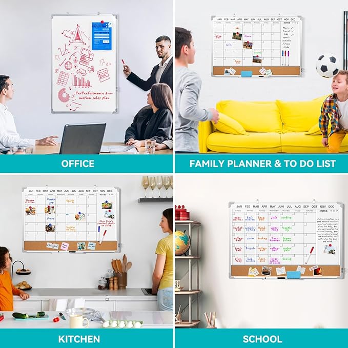 Calendar Whiteboard for Wall,36" x 24" White Board Calendar Dry Erase with Silver Aluminum Frame,Double Side Wall Hanging Board for Office,Home,Kitchen