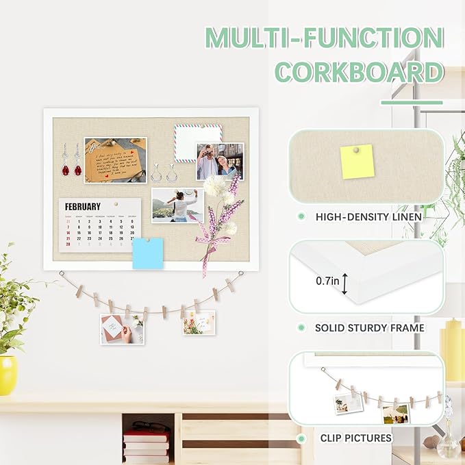 DOLLAR BOSS Cork Board Bulletin Board with Linen Double-Sided 30" x 20" Linen Corkboards for Walls Picture Display Vision Board for Office Home School Framed Picture Pin Board, 20 Pushpins 10 Clips