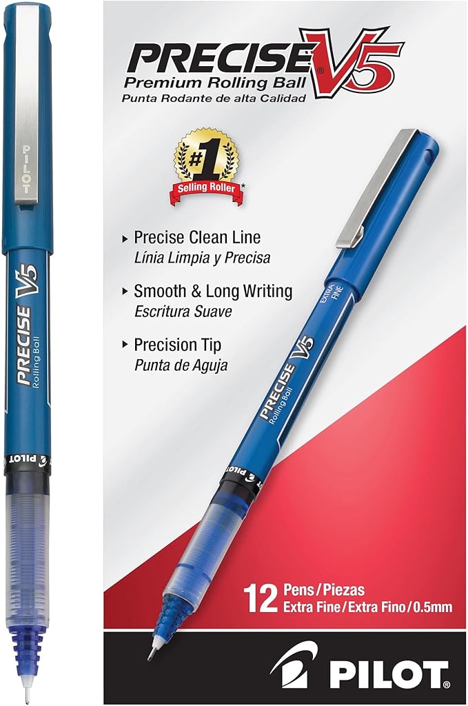 Pilot Precise V5 Rollerball Pens, Extra Fine Point 0.5 mm Blue Pen, Blue, Pack of 12