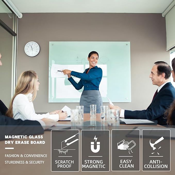 Glass Magnetic White Board - 48 x36 Inches Frameless Dry Erase Whiteboard for Wall, Writing Board for Meeting, Wall Mounted Glass Board for Office and Schools