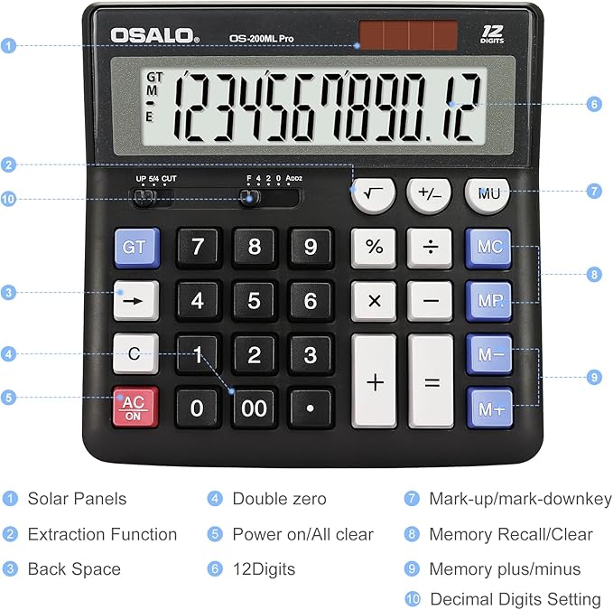 OSALO Desktop Calculator Extra Large Display 12 Digits Big Buttons Solar Accounting Calculator for Office Black (OS-200ML)