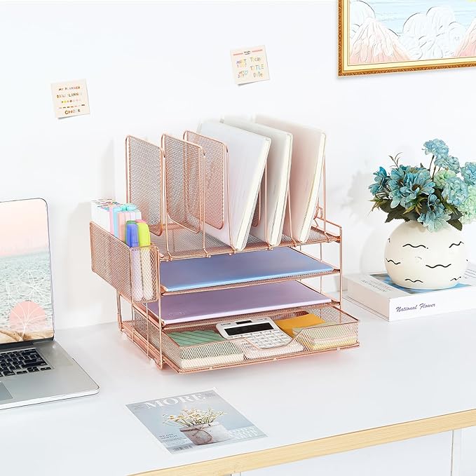 Desk Organizer with 5 Vertical File Holders, 3-Tier Paper Organizer and Drawer, Desk Accessories in Rose Gold