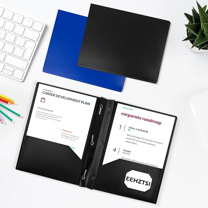 60-Pack Plastic Folders with Pockets and Prongs,2-Pocket Folders with 3 Fasteners, Poly Folders Holds 8-1/2" x 11" Paper for School/Office/Home, Black