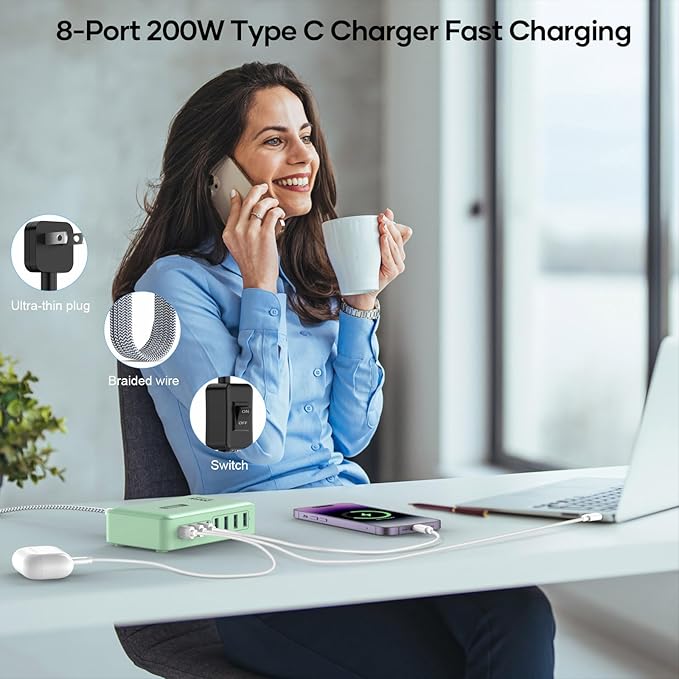 8-Port Multiple Charger Station 200W with Flat Plug, Braided Power Cord, and On/Off Switch- USB Charging Hub for iPhone, iPad, MacBook and More- 65W C Port Power Adapter for Laptops