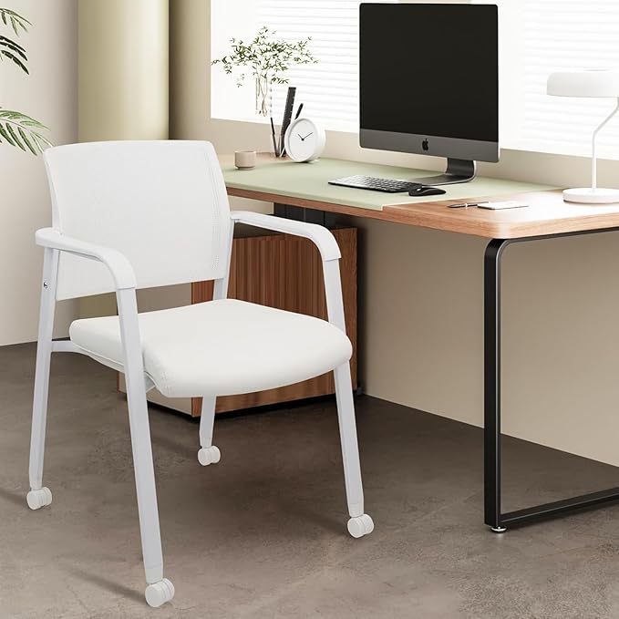 CLATINA Stacking Office Chairs with Wheels | Mesh Back, Thicken Leather Seat and Streamline Armrests, Ergonomic Lumber Support | School, Desk, Guest Reception, Waiting, Conference | Set of 8, White