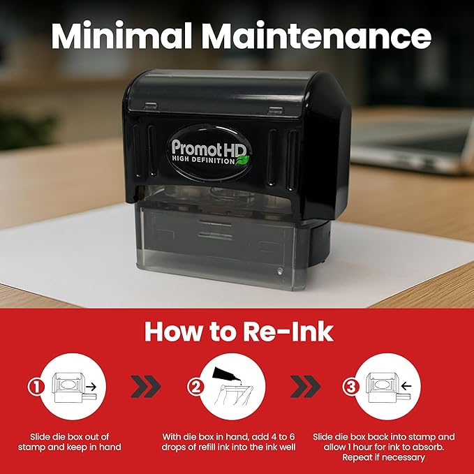 Promot Pre-Inked Custom Deposit Stamp - Personalized Text, Refillable Custom Stamp with Built-in Ink Reservoir, Easy 3-Step Re-Inking, Customized Rubber Stamp for Bank and Businesses (5-Lines)