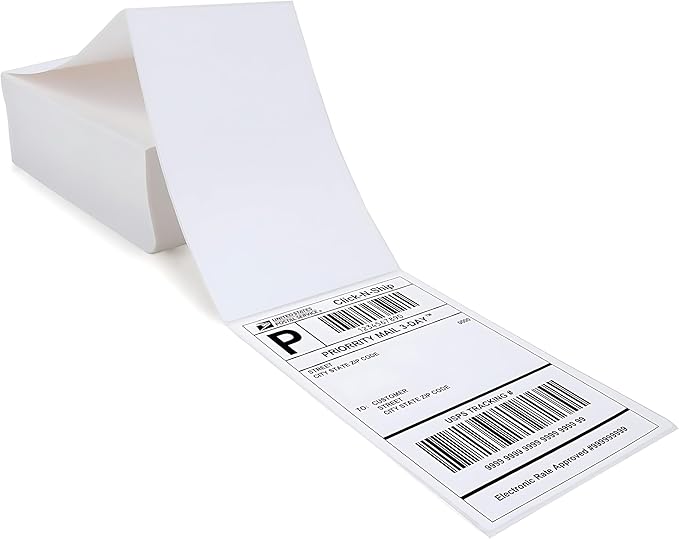 Fanfold 4 x 6 inch Thermal Labels Stack Direct White Strong Adhesive Perforated Postage Shipping Printer Compatible with Zebra SNBC Epson Rollo (500, Fanfold)