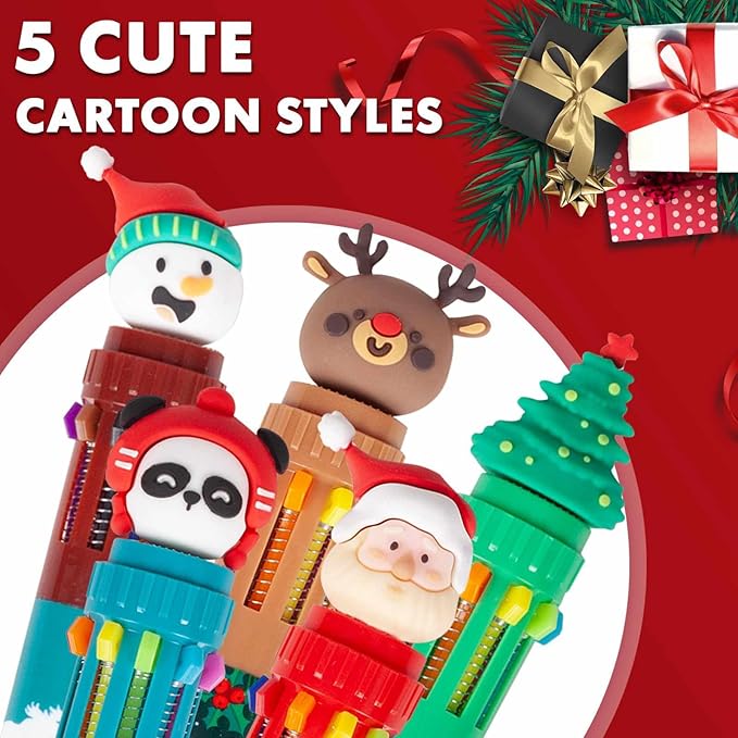 Cute Cartoon Christmas Multicolor Ballpoint Pen 0.7 mm, 10-in-1 Colored Pens Fine Point Retractable Ballpoint Pens for Office School Students Kids Birthday Gift, 5 Pack