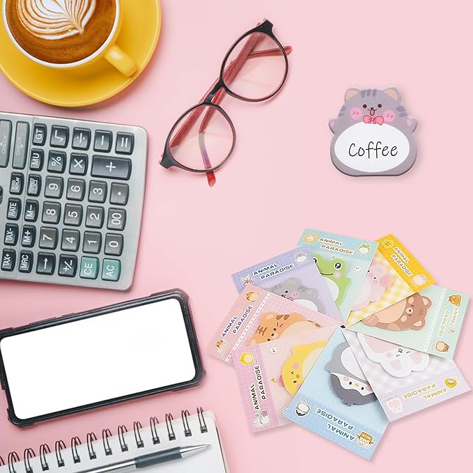 8 Packs Kawaii Kitten Sticky Notes, Cat Aesthetic Sticky Notes Set, Cartoon Inspirational Sticky Notes, Animals Shape Markers, Cute Anime Sticky Note Tabs for Office School Creative Gifts
