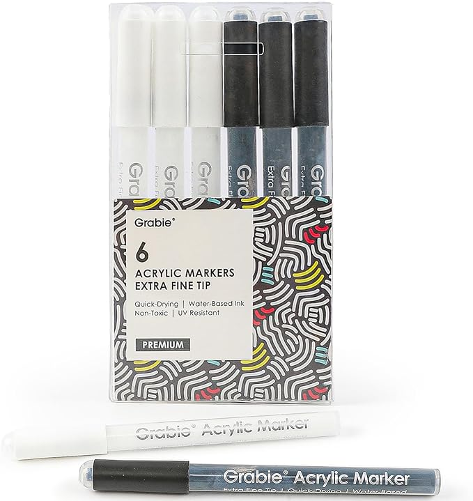 Grabie Black & White Extra Fine Tip Acrylic Paint Marker Set, 6 Pack, 0.7mm Acrylic Paint Pens for Highlights and Fine Details on Drawings, Rock Painting Glass Canvas Wood, White Highlight Markers