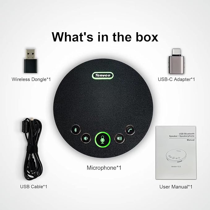 Tenveo Conference Speaker Microphone, Bluetooth/Dongle/USB Connectivity, 360ยฐ Sound Pickup and AI Noise Reduction, Compatible with Zoom, Teams, OBS, Supports 10-12 People for 8 Hours of Talk Time