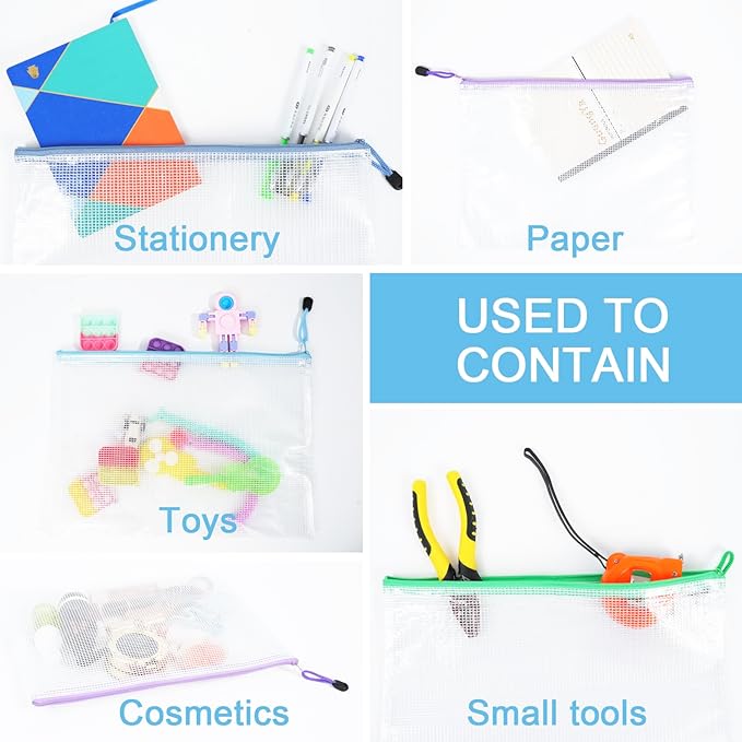 30 Pcs Mesh Zipper Pouch Bags, A4 Size Waterproof File Bags, with 10 Colors, for Organizing Office Supplies, Board Games, Puzzles, and Classroom Organization, Assorted Letter Size Zipper Pouches