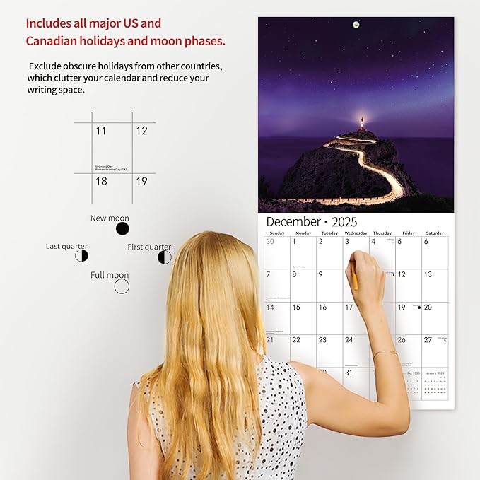 2025 Wall Calendar,Calendar 2026, July 2025 - December 2026, Wall Calendar Lighthouses, 12" x 24" Opened,Full Page Months Thick & Sturdy Paper for Calendar Organizing & Planning