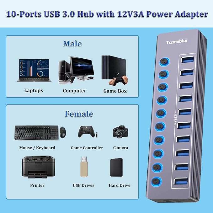 Powered 10-Port USB 3.0 Hub, USB C to 10 Ports USB Data Hub Splitter with Individual LED On/Off Switche, 3.3FT Cable, 12V/3A Power Adapter, for Laptop MacBook Pro/Air PC (Aluminum Gary)