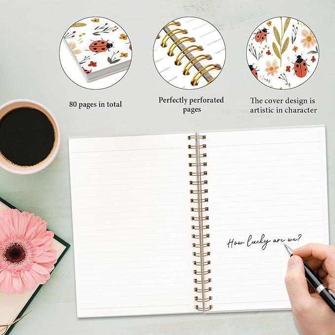 JXREQ Cute Ladybug Floral Notebook Insects Botanical Journal Gifts for Women Note Taking Writing Study, Office School Supplise, Aesthetic Spiral Notebooks 5.5x8.3