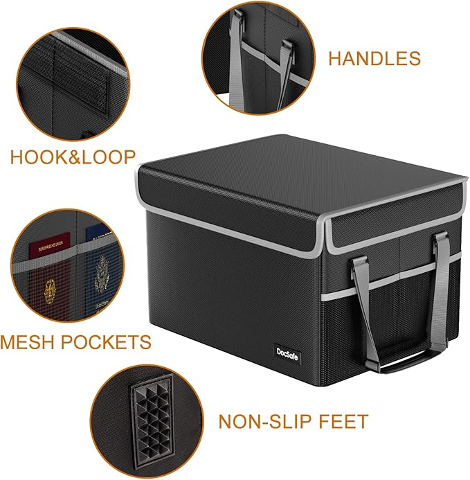 DocSafe File Box Fireproof File Storage Organizer Box with Lid,Collapsible Document Storage Filing Box for Hanging Letter/Legal Folder,Portable Home Office Safe Box Cabinet with Handle,Black,2 Pack