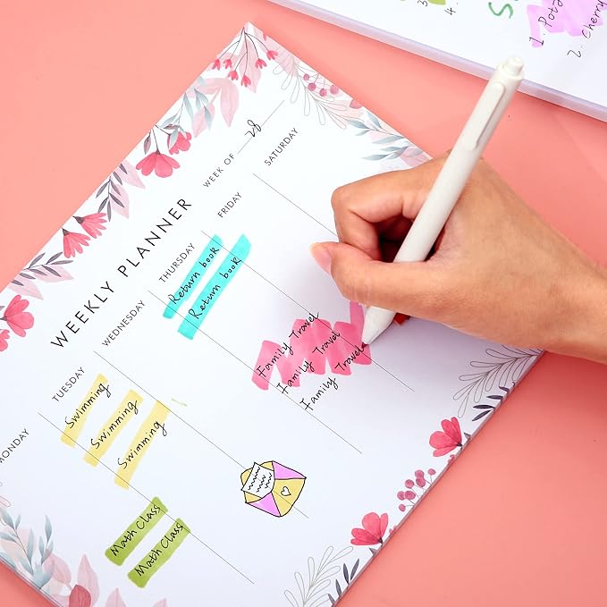 Weekly Planner Notepad Tear Off Set of 2 Weekly Calendar Pad 52 Undated To Do List Notepad Desk Planning Pads Productivity Tracker for Work School Home Goals Notes Schedule Ideas, Floral Pink
