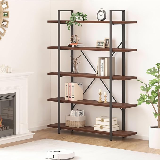 HSH Walnut 5 Tier Bookshelf, Tall Bookcases and Book Shelves 5 Shelf, Large Industrial Metal Wood Display Book Shelf Storage Rack, Rustic Open Bookcase Bookshelves for Bedroom Living Room Office