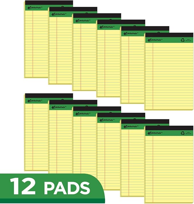 KAISA Legal Pad Writing Pads, Narrow Ruled 5"x8" 50 Sheets Perforated Recycled Paper Write Pad Notepad, Yellow/Canary(12pads), KSU-5675
