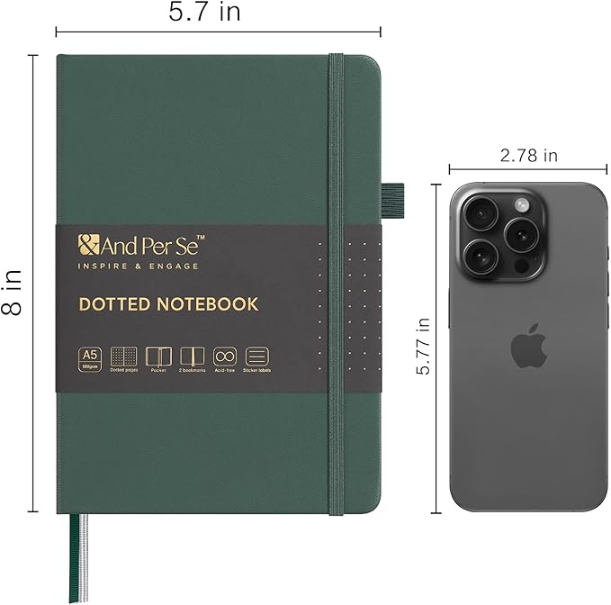 &And Per Se Dotted Journal Notebook, A5 Hardcover Leather Journal, 160 Pages 100 gsm Thick Dotted Paper,3 Sheets of Stickers Included - 5.7'' x 8''(Green)