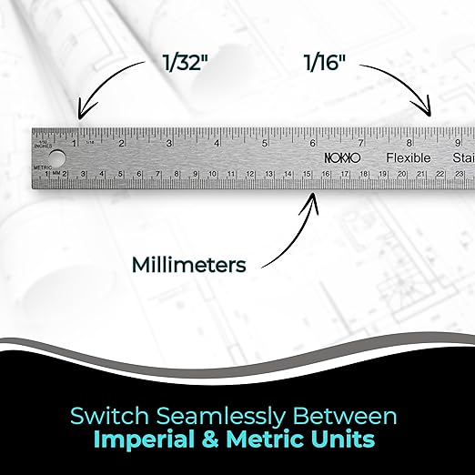 NOKKO 18 Inch Metal Ruler with Cork Backing, Pack of 2 - Stainless Steel Straight Edge Ruler with Inches and Centimeters, Non-Slip Cork Back for Precision Measurement and Stability