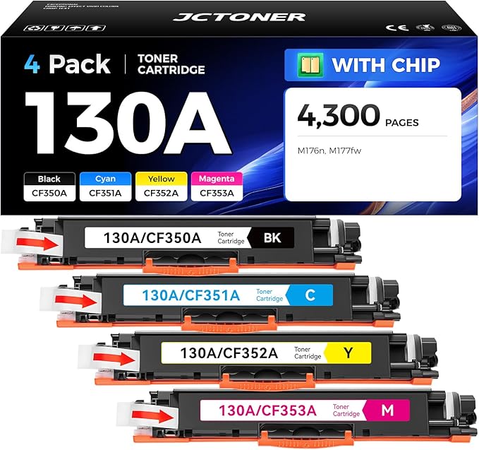 130A Toner Cartridge Set 4-Pack High Yield Replacement for HP 130A CF350A CF351A CF352A CF353A Compatible with HP Color Laserjet Pro MFP M176n M177fw Printer Ink M176 M177(Black Cyan Yellow Magenta)
