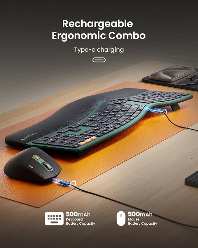 ProtoArc Ergonomic Wireless Keyboard Mouse, EKM01 Plus Full Size Ergo Bluetooth Keyboard Mouse Combo, Split Design, Wrist Rest, Multi-Device, Rechargeable, for Windows/Mac OS - Green