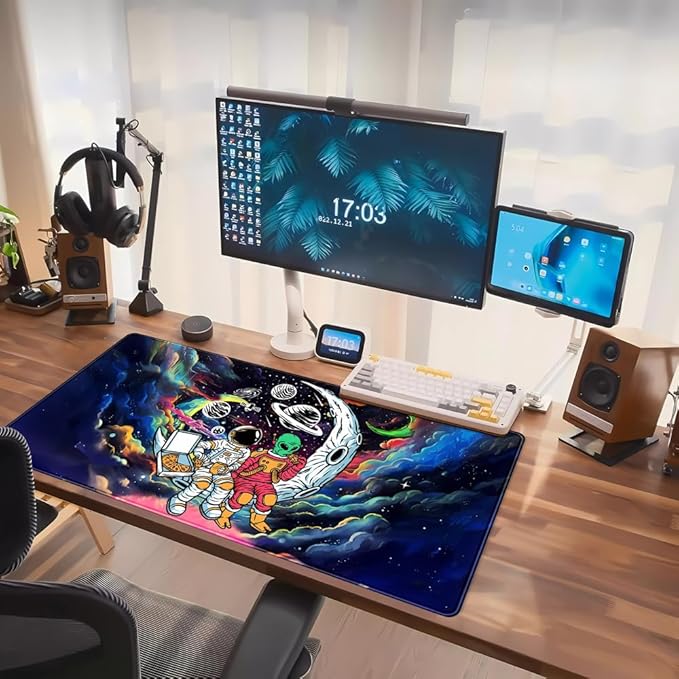 Funny Space Mouse Pad Desk Mat Astronaut Alien Large Gaming Mouse Pads Anime Desk Pad Mousepad XXL Cool Trippy Universe Extended Keyboard Mat with Stitched Edges Anti-Slip, 31.5 X 15.8 in