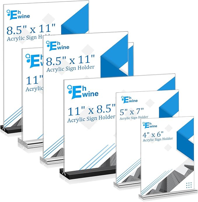 EHWINE 6 Pack Acrylic Sign Holder 8.5 x 11, Double-Sided Stand up Table Top Sign Holders, Clear Acrylic Picture Frame Menu Flyer Paper Holder Display Stand for Office Business Store Wedding Party(Black Base)