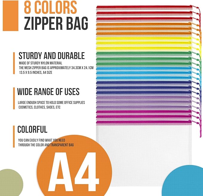 24pcs Mesh Zipper Pouch Bags Puzzle Storage Bags, A4 13x9 Inches Large Reusable Zipper Pouches for Classroom Organizing Board Game Home Organization