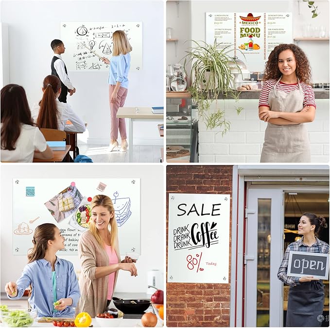 H-Qprobd White Board 24”x18“ Magnet Dry Erase Boards Frameless Magnetic Glass Whiteboard for Wall, Wall Mounted Whiteboard Includes 12 Magnets, 8 Markers and 2 Erasers