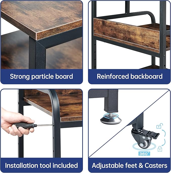 23.6" Deep Extra Large Printer Stand, 3 Tier Printer Table with Adjustable Storage Shelf, Rolling Printer Cart with Industrial Wheels for Home Office, Rustic Brown