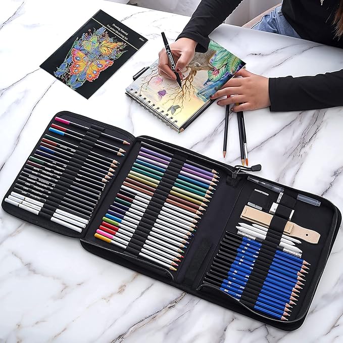 Prina 76 Pack Drawing Set Sketching Kit, Pro Art Supplies with 3-Color Sketchbook, Include Tutorial, Colored, Graphite, Charcoal, Watercolor & Metallic Pencil, for Artists Adults Teens Beginner