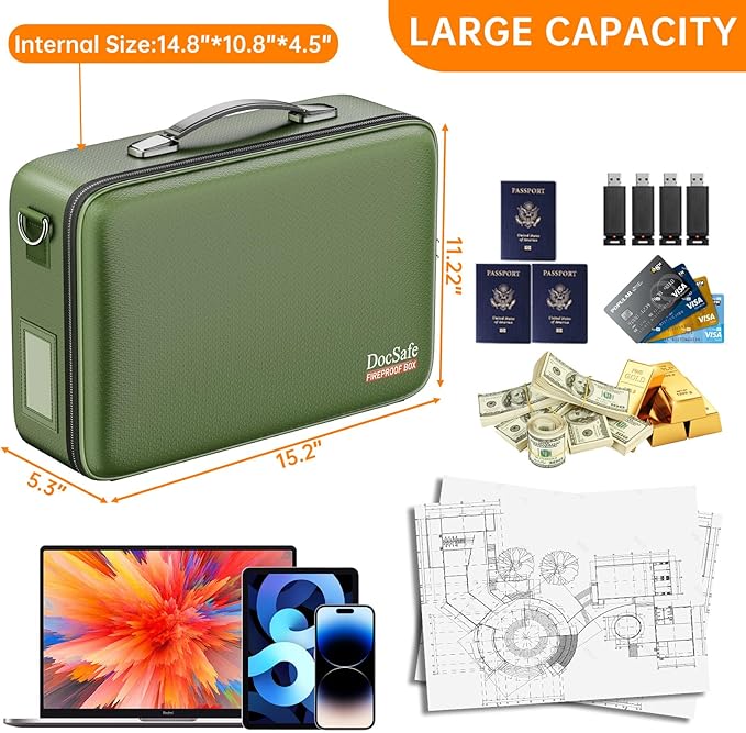 DocSafe Fireproof Document Box with Lock&Shoulder Strap,Hard Case File Organizer with Accordion File Folder,Multi-Layer Portable Home Office Travel Safe Storage for Important Documents Laptop Green