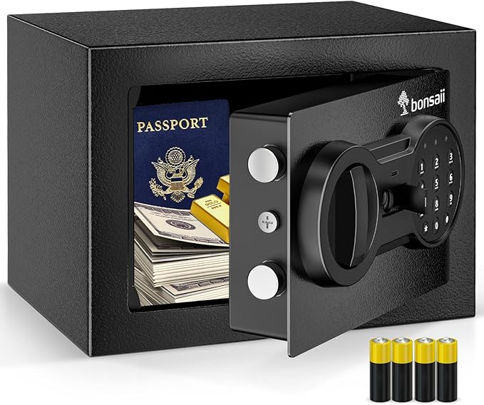 Bonsaii Safe Box with Key Lock, Steel Security Lock Box, 0.23 Cubic Feet, 9.06" W x 6.69" D x 6.69" H, Small Hidden Safe for Cash Jewelry