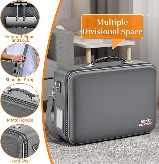 DocSafe Fireproof Document Box with Lock&Shoulder Strap,Hard Case File Organizer with Accordion File Folder,Multi-Layer Portable Home Office Travel Safe Storage for Important Documents Laptop Gray
