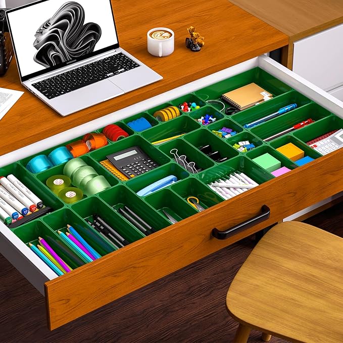 60 Pcs Plastic Drawer Organizer Set,5 Size Small Storage Containers for Organizing Jewelry,Utensil,Junk,Tea,Makeup,Shallow Drawer Organizers Tray Suitable for Office,Desk,Bathroom,Vanity,Kitchen,Green