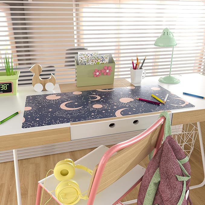 Colorful Star Starry Sky Large Desk Pad, Celestial Moon and Sun Extended Gaming Mouse Pad Non-Slip Desk Mat, Leather Blue Keyboard Mat for Desktop Gaming Accessories 31.5"x15.7"