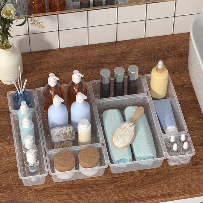 63 PCS Clear Plastic Drawer Organizers Set, 4-Size Versatile Bathroom and Vanity Organizer Trays, Non-Slip Storage Containers for Makeup, Jewelries, Bedroom,Kitchen Utensils and Office