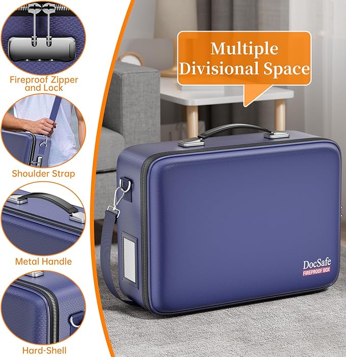 DocSafe Fireproof Document Box with Lock&Shoulder Strap,Hard Case File Organizer with Accordion File Folder,Multi-Layer Portable Home Office Travel Safe Storage for Important Documents Laptop Blue