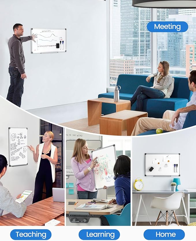 VUSIGN Magnetic White Board Kit for Wall 18" x 12", 1 Dry Eraser & 2 Multicolor Markers & 4 Magnetic Pins, Sliver Reinforced Aluminum Frame for Home, School, Office
