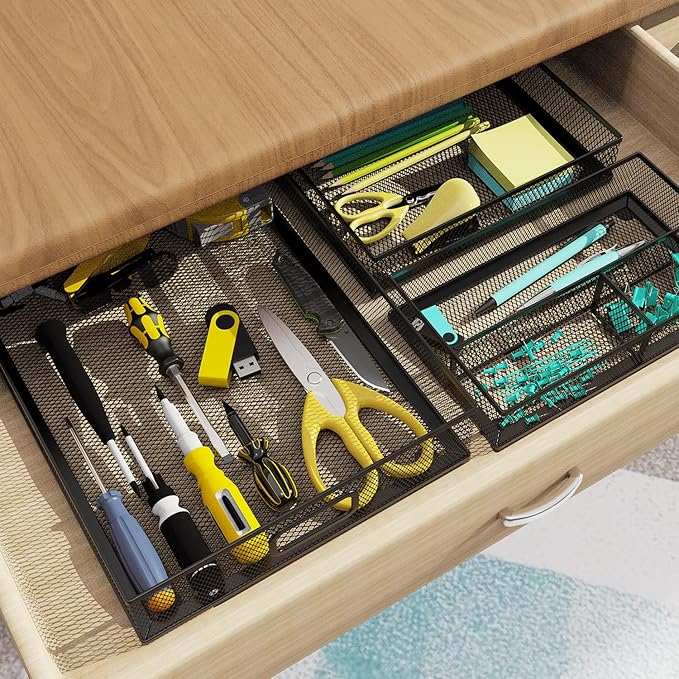 Desk Drawer Organizer Set, 3 Pcs Metal Mesh Office Drawer Organizers, Paper Organizer Letter Tray for Desk, Junk Drawer Organizer for Office, Kitchen, Makeup, Vanity