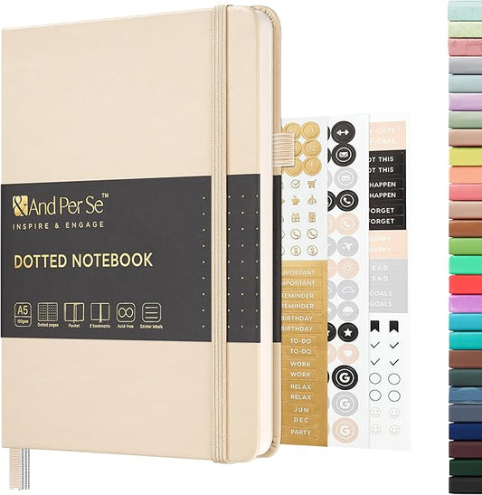 &And Per Se Dotted Journal Notebook, A5 Hardcover Leather Bullet Dotted Journal, 160 Pages 100 gsm Thick Dotted Paper,3 Stickers Included for Women Men, Work Office or School - 5.7'' x 8.3'' (Light