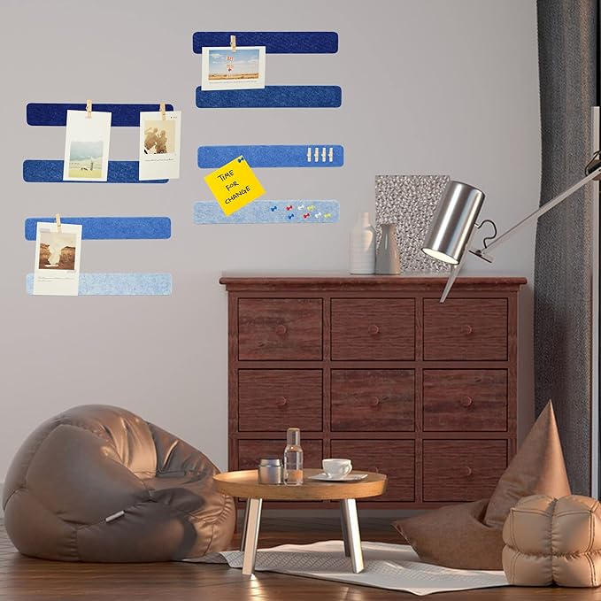 8Pcs Bulletin Board Strips, Blue Felt Pin Board Bar Strips with 50 Pushpins, Self-Adhesive Felt Cork Board Strips for Wall to Display Your Notes, Photos, Schedules, Announcements