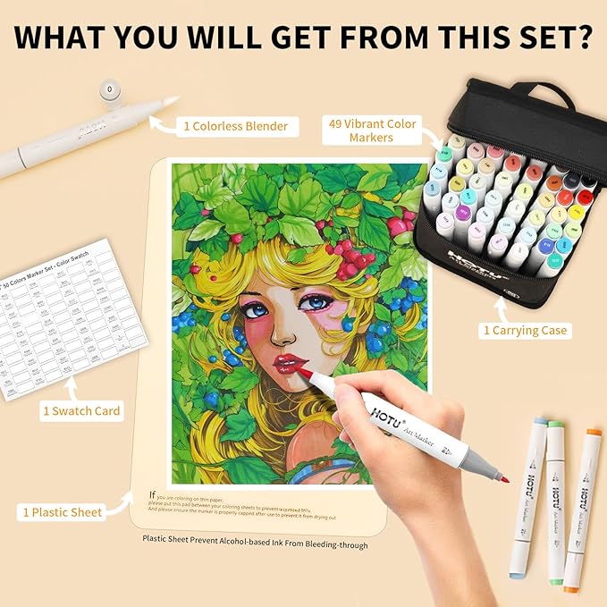 Alcohol Markers Brush and Fine Tip 50 Colors Dual Tips Art Marker Set Alcohol-based Sketch Pens with Carrying Case,Non-Bleeding Pad for Art Enthusiast Adults Coloring Illustration