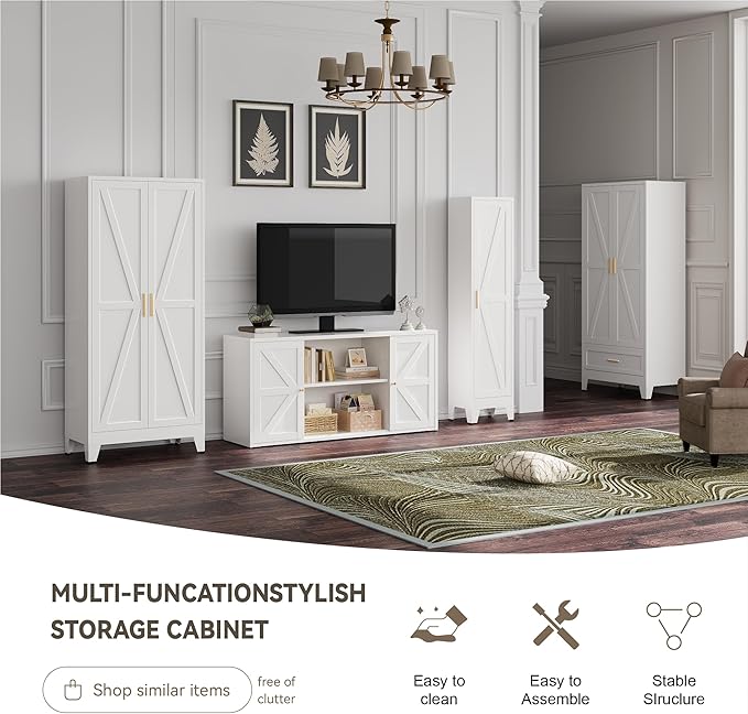 Metal Wardrobe Cabinet with Hanging Rod,Large 71" Armoire Wardrobe Closet with Adjustable Shelves,Farmhouse Metal Clothing Storage Cabinets for Bedroom,Office,Employee(White)