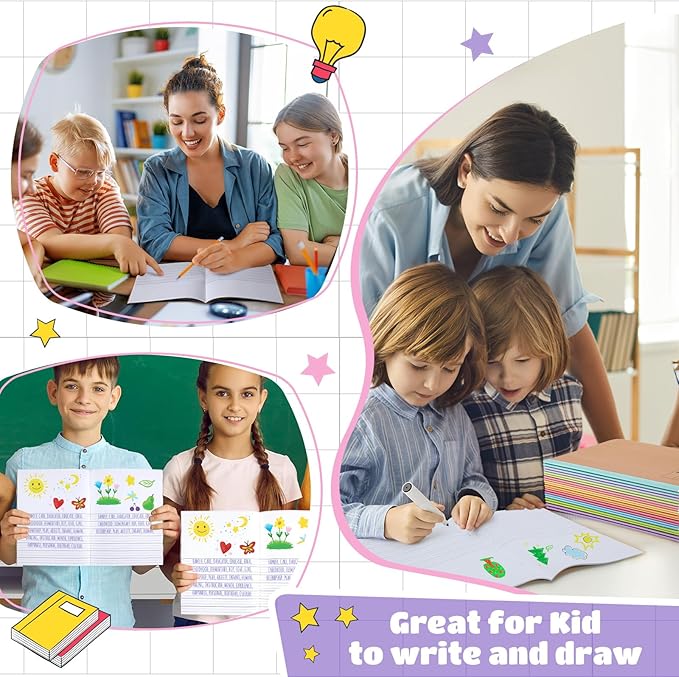 Henoyso 60 Pcs Primary Composition Notebook 9 3/4 x 7 1/2 Inch Kids Journal, Back to School Supplies, K-2 Primary Writing Notebook for Kids Student Draw and Write Story Journal (Macaron Color)
